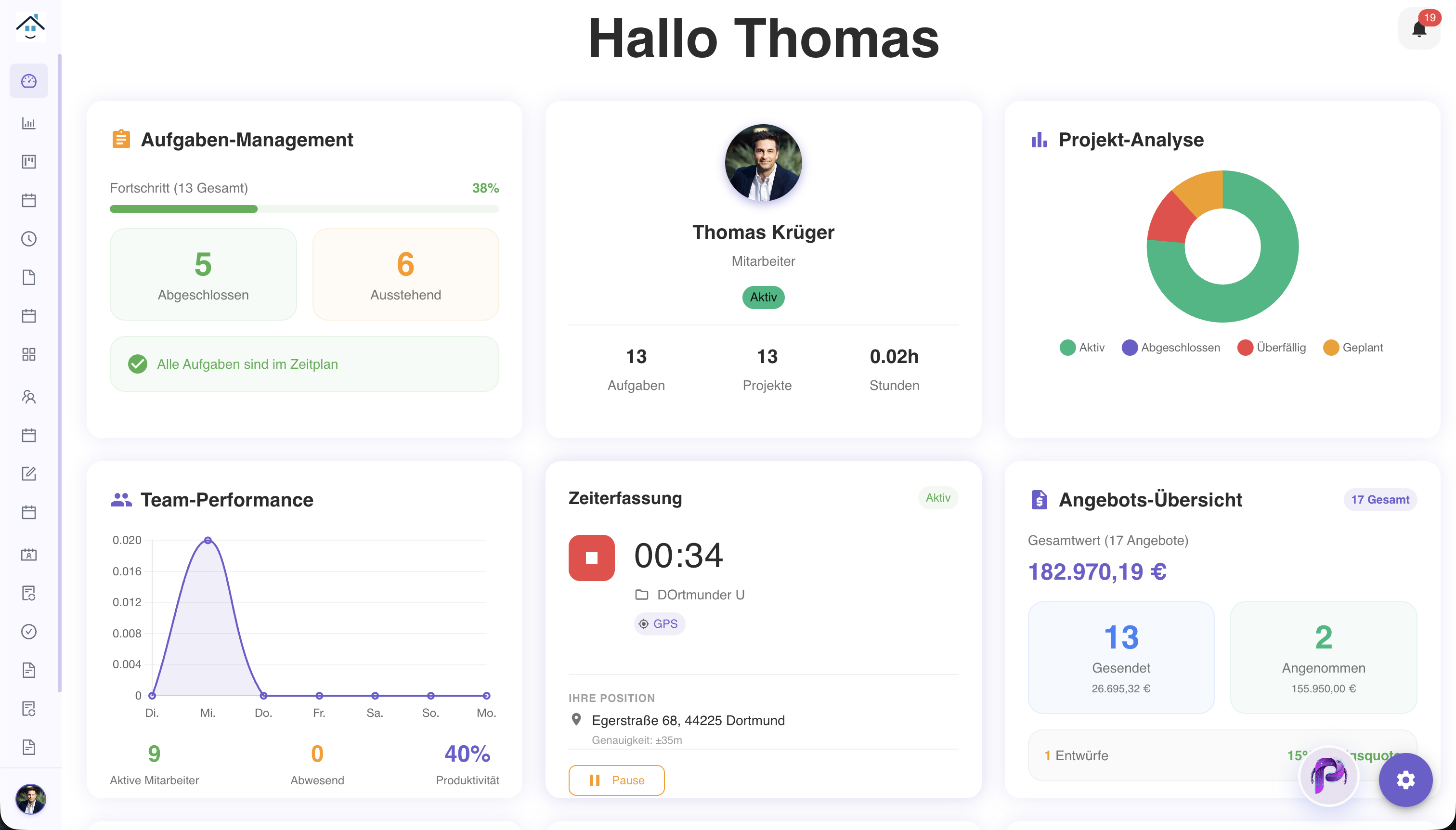 Planvo Dashboard – Aufgaben, Zeiterfassung, Projekte und Team-Performance