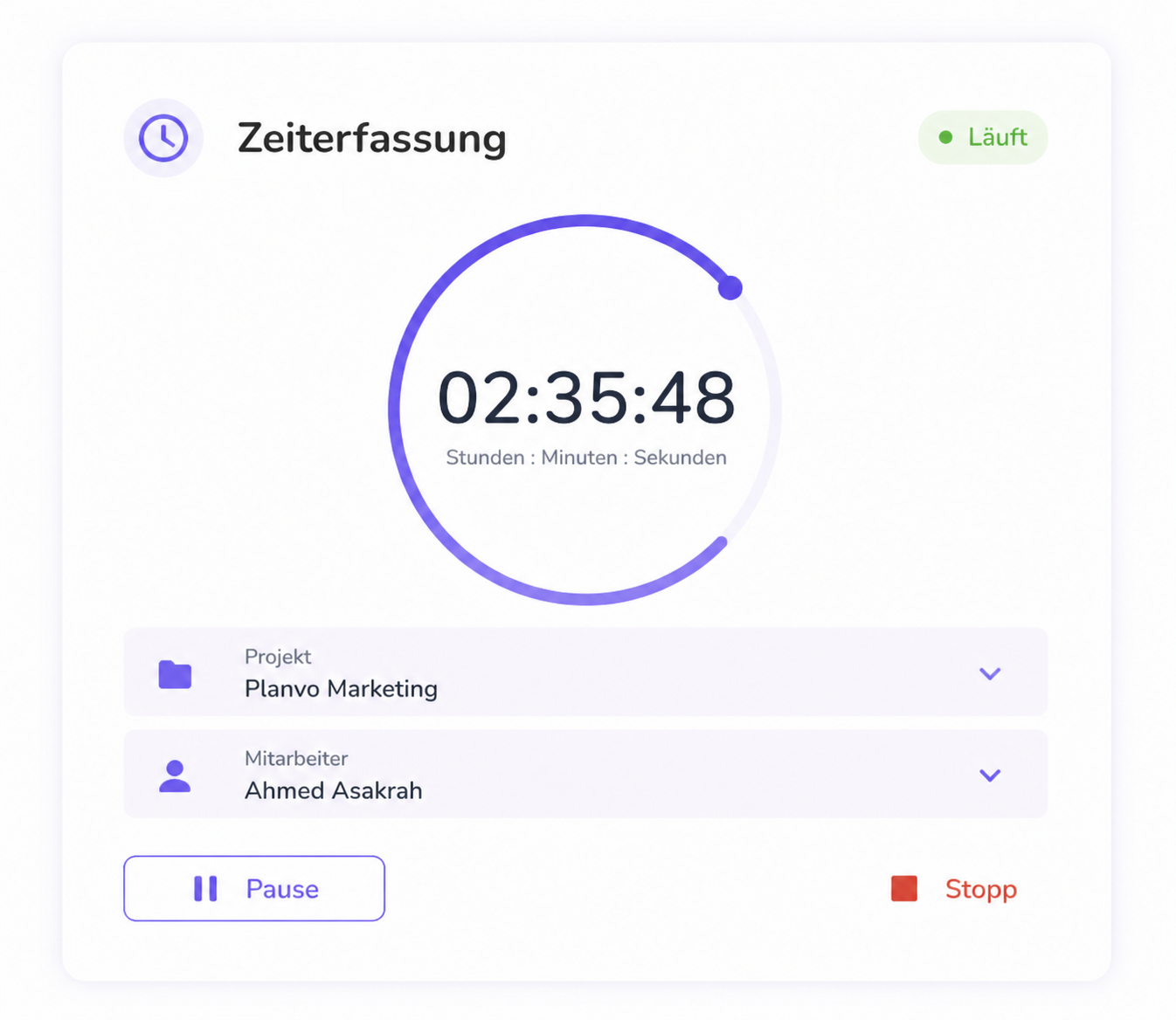 Planvo Zeiterfassung: laufender Timer mit Projekt, Mitarbeiter und Pause/Stopp