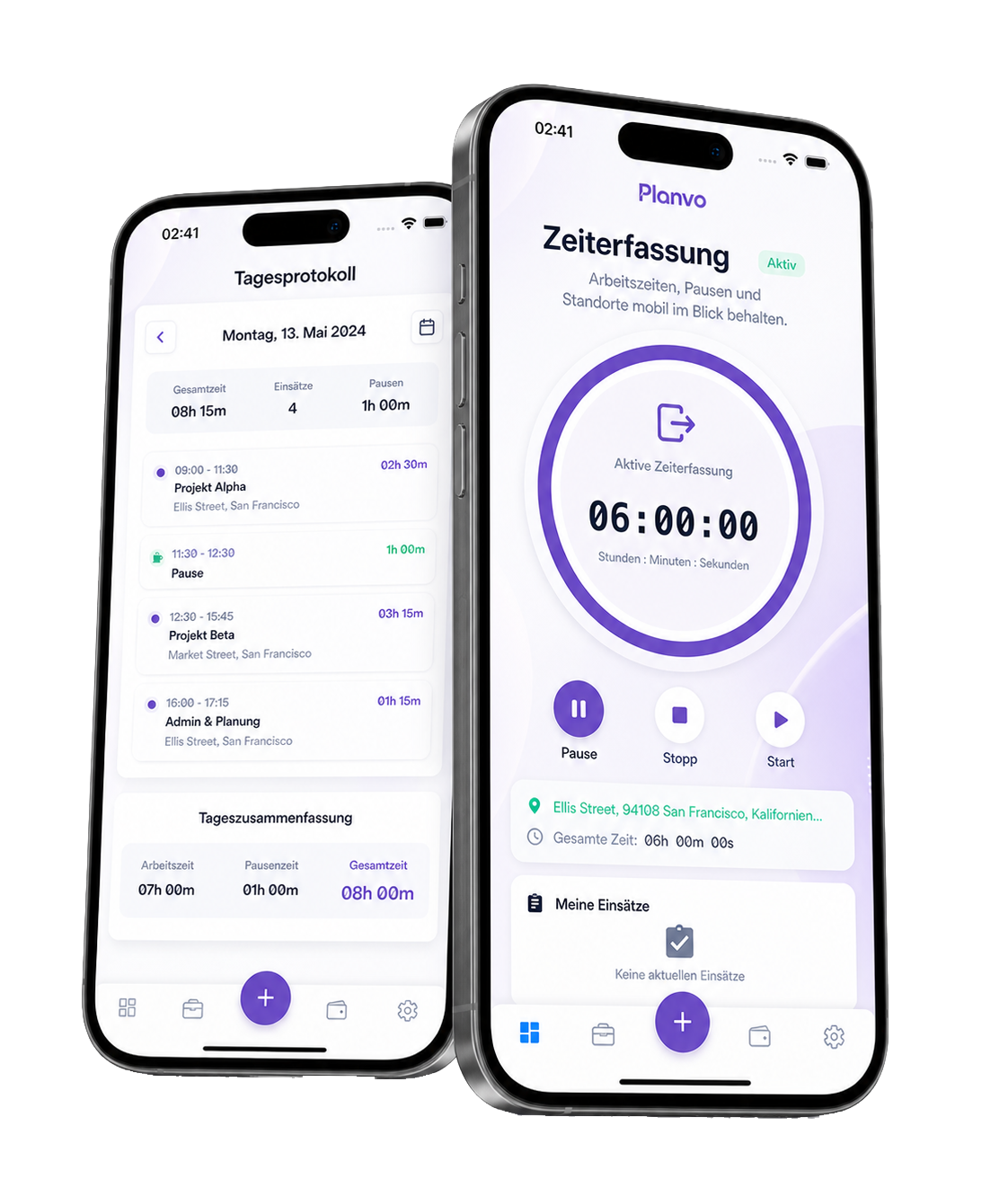Planvo Mobile App: Zeiterfassung mit Projektauswahl, GPS optional und Tagesprotokoll