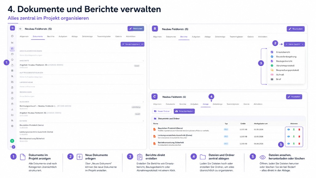 Projektdokumente und Berichte wie Bautagesbericht zentral verwalten in Planvo