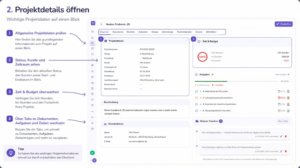 Projektdetails mit Zeit, Budget, Aufgaben und Notizen in Planvo